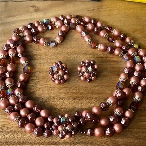 Vintage Estate Brown Pearl Multi-Strand Necklace with Crystal Accents